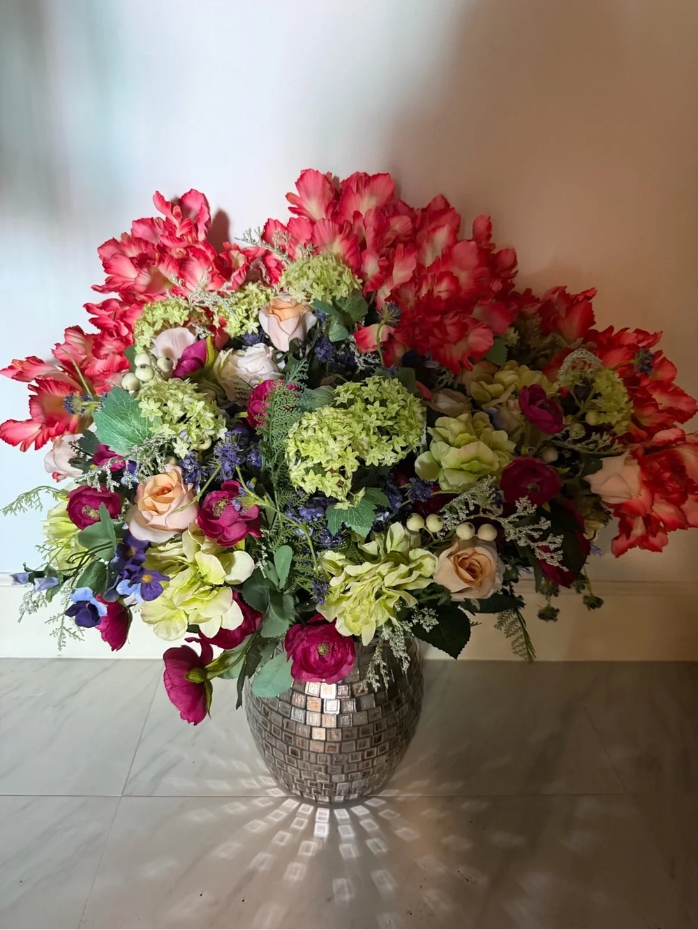 Large Faux Floral Arrangement in Mosaic Vase 29.5” x 31.5”